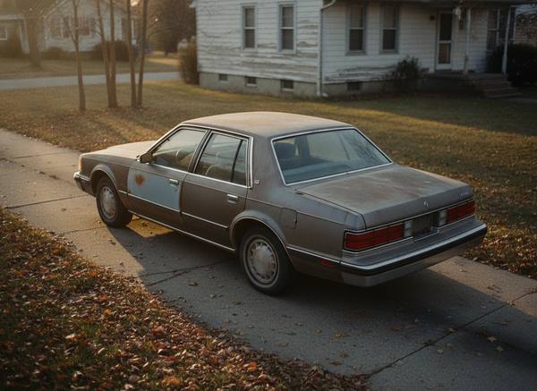 A dusty grey four-door sedan with a mismatched door panel and surface rust, parked on a driveway in front of a white clapboard house at golden hour