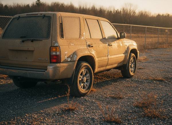 A mud-caked tan SUV with paint peeling along one side, parked on a gravel lot beside a chain-link fence with bare winter trees behind