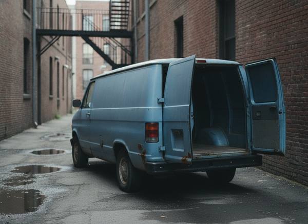 A pale blue cargo van with both rear doors open on an empty load floor, parked in a wet brick alley beneath a fire escape