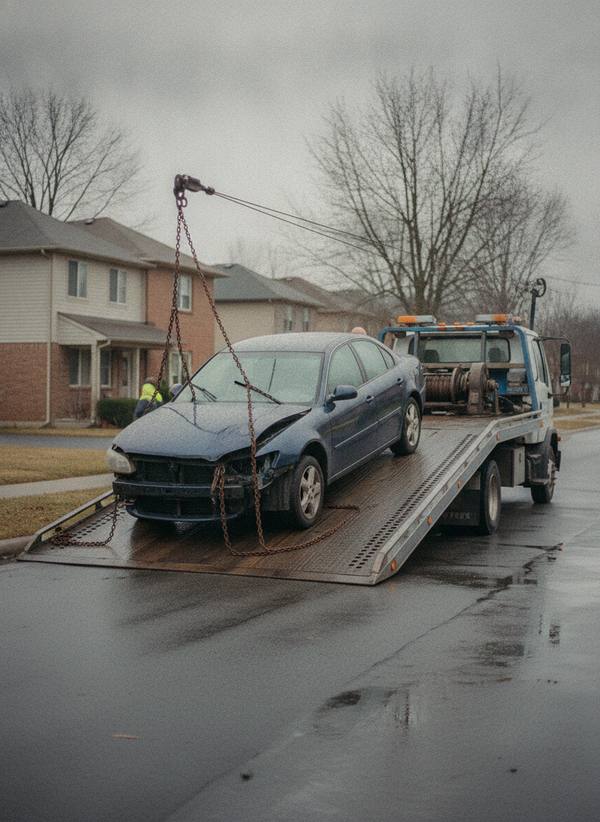Our flatbed truck picking up a junk car in Chicagoland